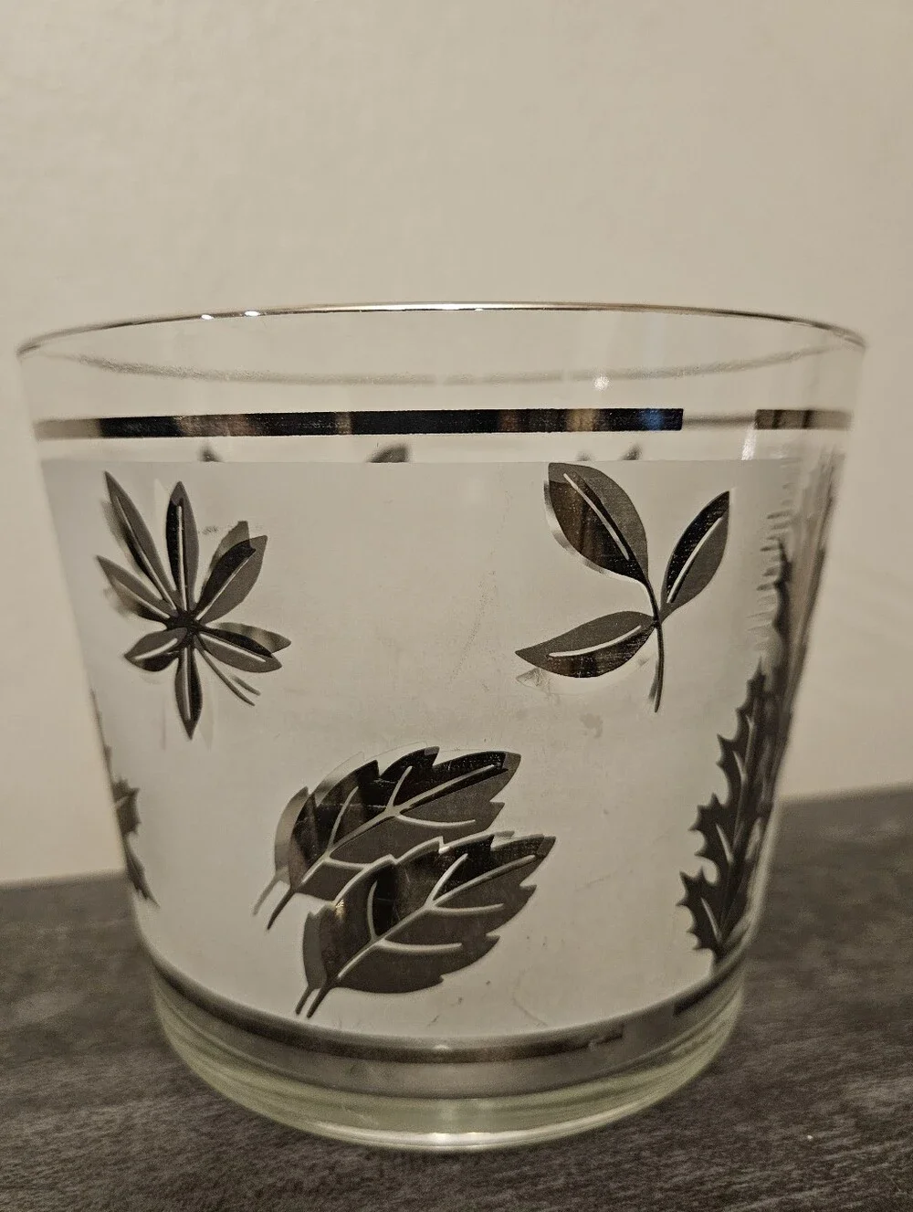 Vintage Mid Century Glass Silver Leaf Frosted Ice Bucket & 2 Shot Glasses